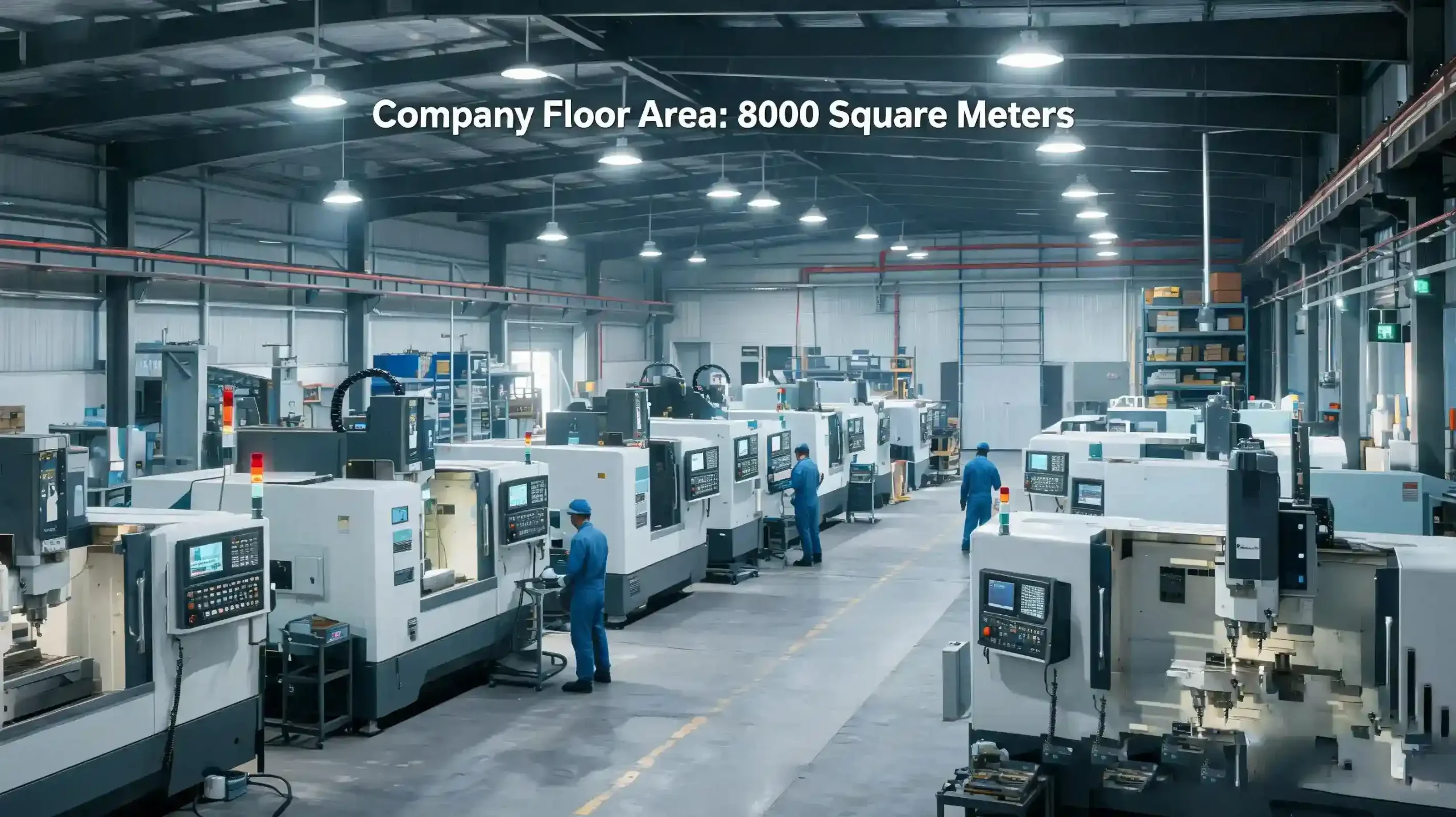 Wide view of our CNC machining factory facility covering 8,000 square meters for precision custom parts manufacturing