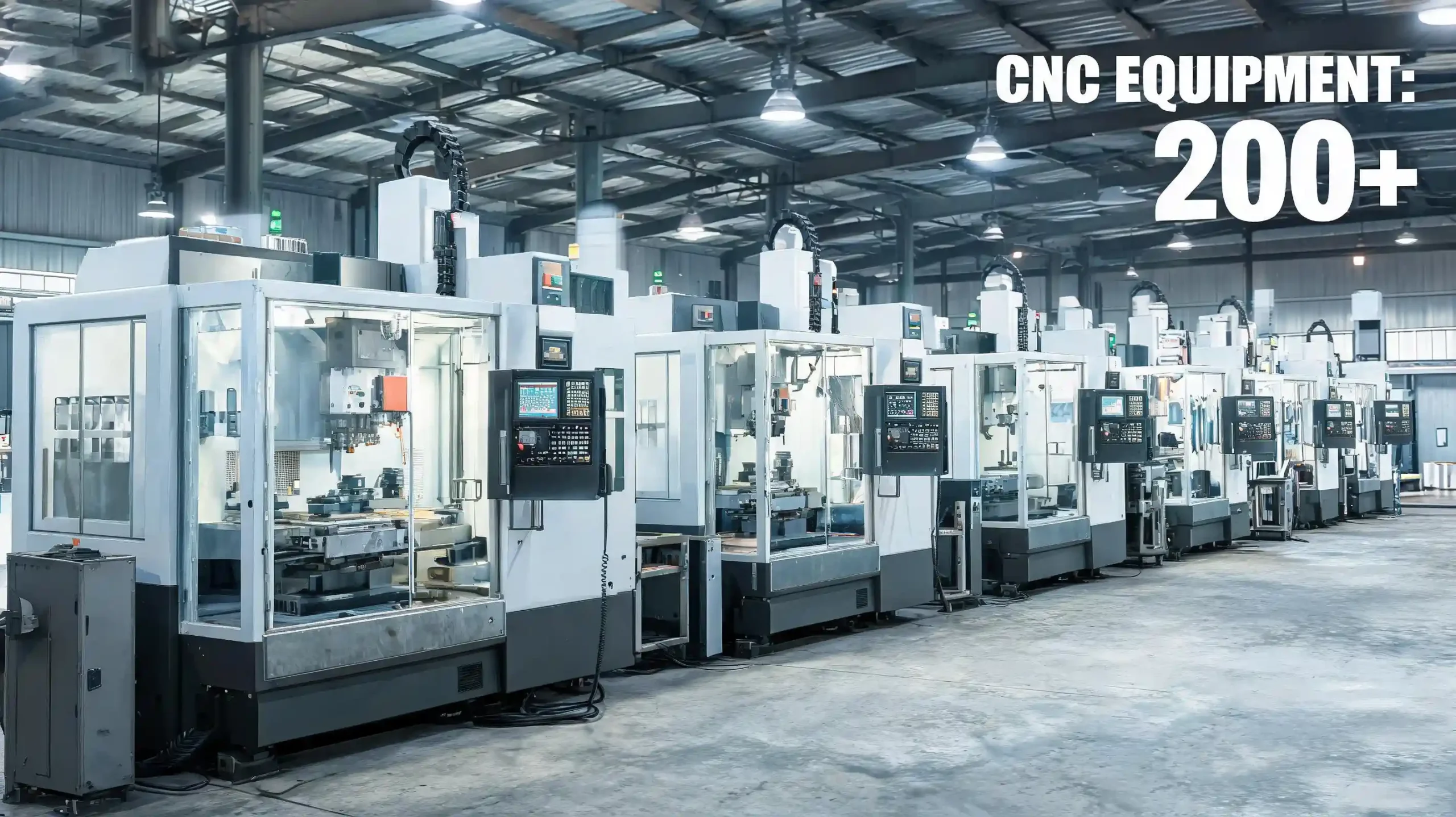 Workshop overview with over 200 CNC machines for custom precision metal and plastic parts manufacturing